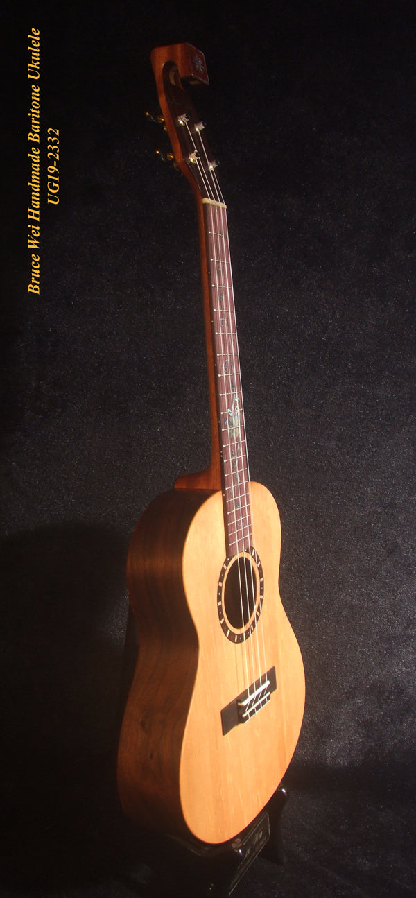 Handmade Baritone Ukulele, Curved Head, Solid Spruce, Curly Rosewood, 4 String, Floral Inlay, Soft-bag Bruce Wei UG19-2332