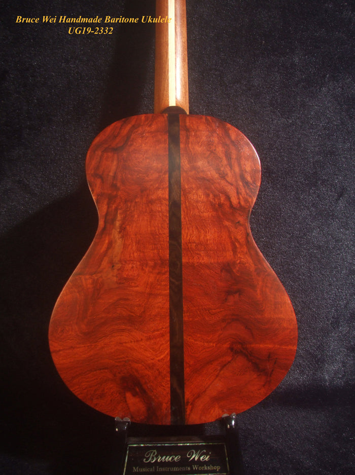 Handmade Baritone Ukulele, Curved Head, Solid Spruce, Curly Rosewood, 4 String, Floral Inlay, Soft-bag Bruce Wei UG19-2332