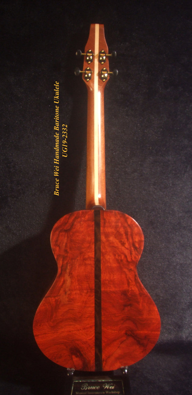 Handmade Baritone Ukulele, Curved Head, Solid Spruce, Curly Rosewood, 4 String, Floral Inlay, Soft-bag Bruce Wei UG19-2332