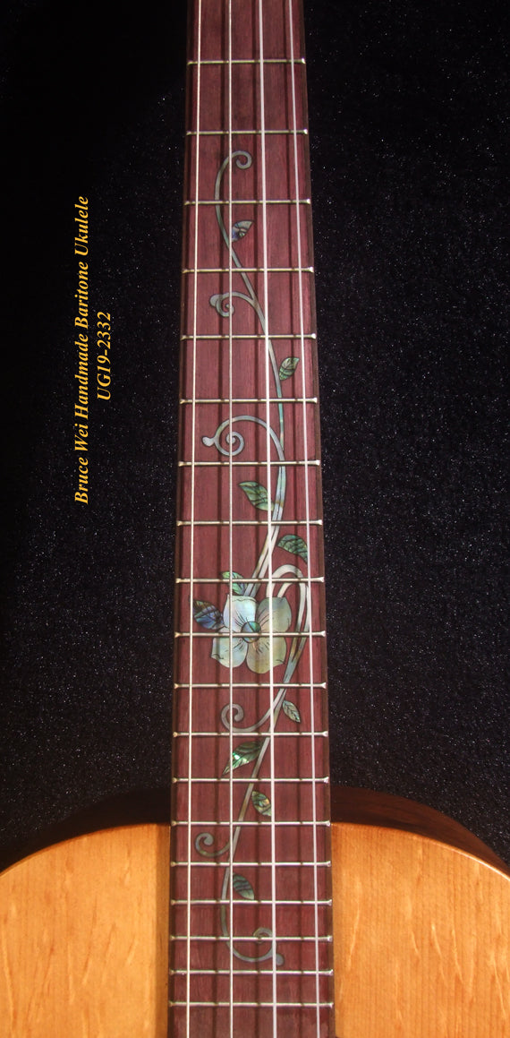 Handmade Baritone Ukulele, Curved Head, Solid Spruce, Curly Rosewood, 4 String, Floral Inlay, Soft-bag Bruce Wei UG19-2332