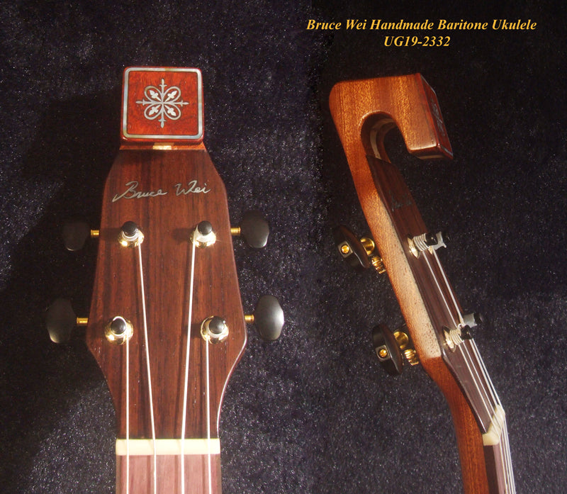 Handmade Baritone Ukulele, Curved Head, Solid Spruce, Curly Rosewood, 4 String, Floral Inlay, Soft-bag Bruce Wei UG19-2332