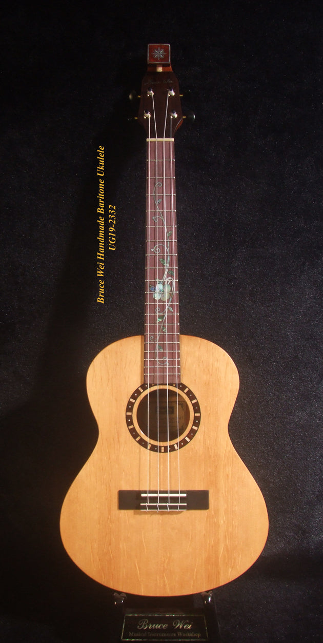 Handmade Baritone Ukulele, Curved Head, Solid Spruce, Curly Rosewood, 4 String, Floral Inlay, Soft-bag Bruce Wei UG19-2332