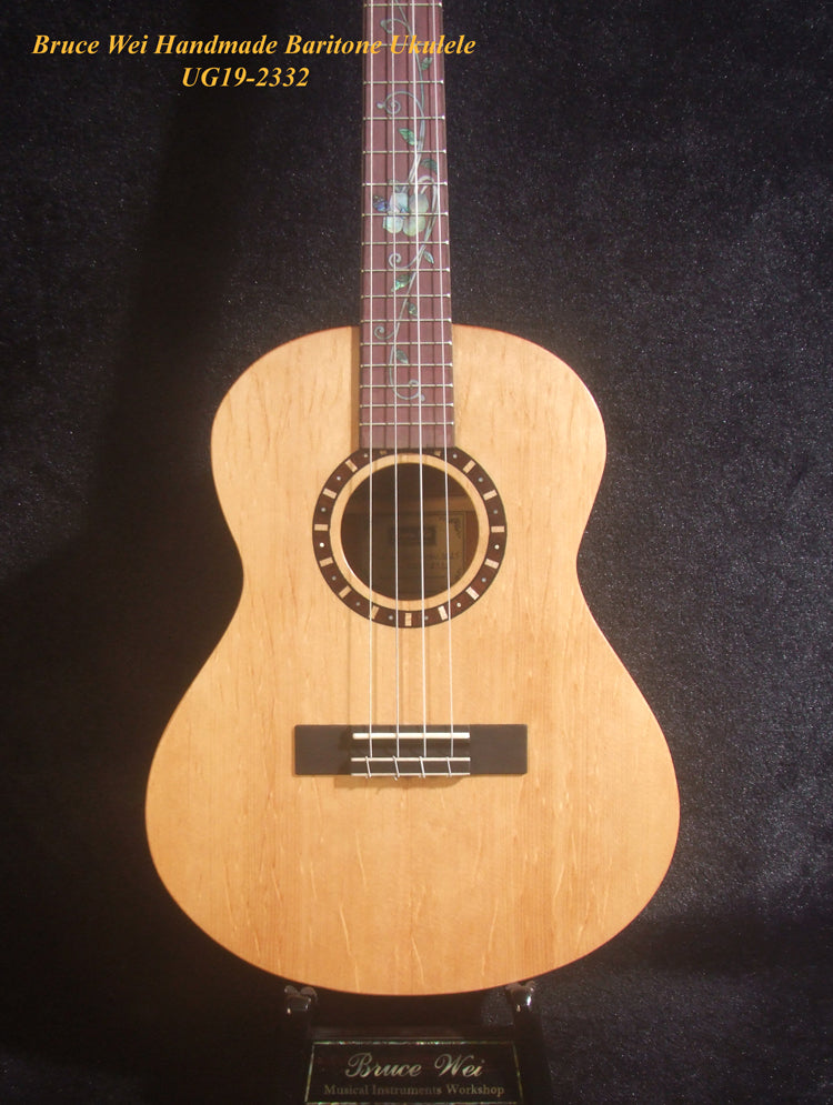 Handmade Baritone Ukulele, Curved Head, Solid Spruce, Curly Rosewood, 4 String, Floral Inlay, Soft-bag Bruce Wei UG19-2332