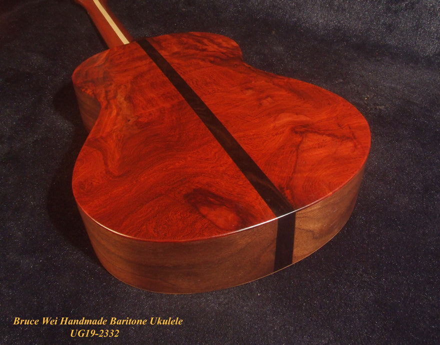 Handmade Baritone Ukulele, Curved Head, Solid Spruce, Curly Rosewood, 4 String, Floral Inlay, Soft-bag Bruce Wei UG19-2332