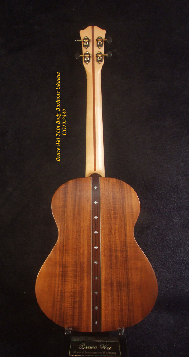 Handmade Thin Body Baritone Ukulele, Solid Curly Taiwania, Acacia, 4 String, Soft-bag, Bruce Wei UG19-2339