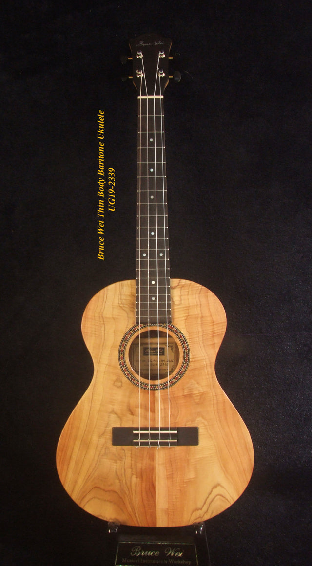 Handmade Thin Body Baritone Ukulele, Solid Curly Taiwania, Acacia, 4 String, Soft-bag, Bruce Wei UG19-2339