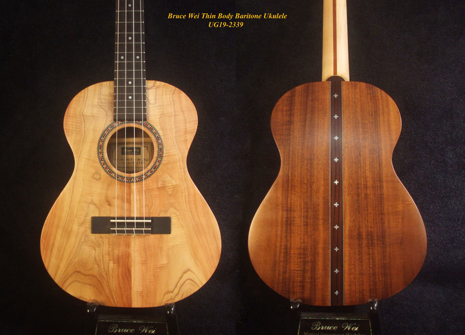 Handmade Thin Body Baritone Ukulele, Solid Curly Taiwania, Acacia, 4 String, Soft-bag, Bruce Wei UG19-2339