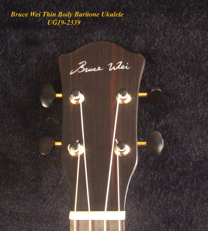 Handmade Thin Body Baritone Ukulele, Solid Curly Taiwania, Acacia, 4 String, Soft-bag, Bruce Wei UG19-2339
