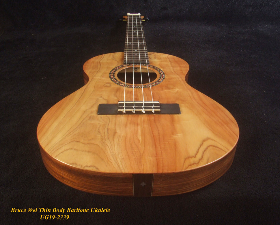 Handmade Thin Body Baritone Ukulele, Solid Curly Taiwania, Acacia, 4 String, Soft-bag, Bruce Wei UG19-2339
