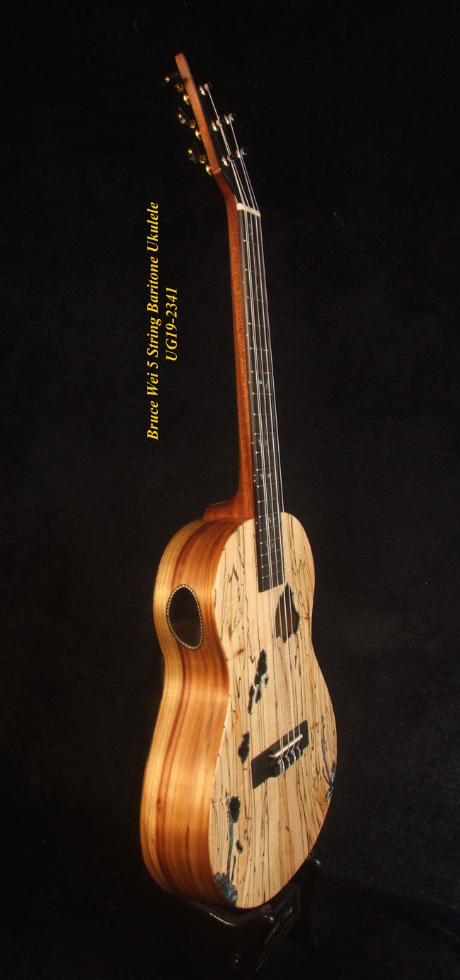 Handcrafted 5 String Baritone Ukulele, Spalted Maple, Taiwania, Vine Inlay, The Islands Soundhole, Soft-bag, Bruce Wei UG19-2341