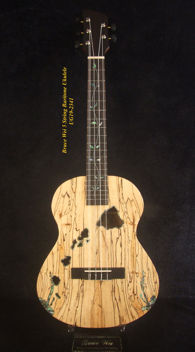 Handcrafted 5 String Baritone Ukulele, Spalted Maple, Taiwania, Vine Inlay, The Islands Soundhole, Soft-bag, Bruce Wei UG19-2341