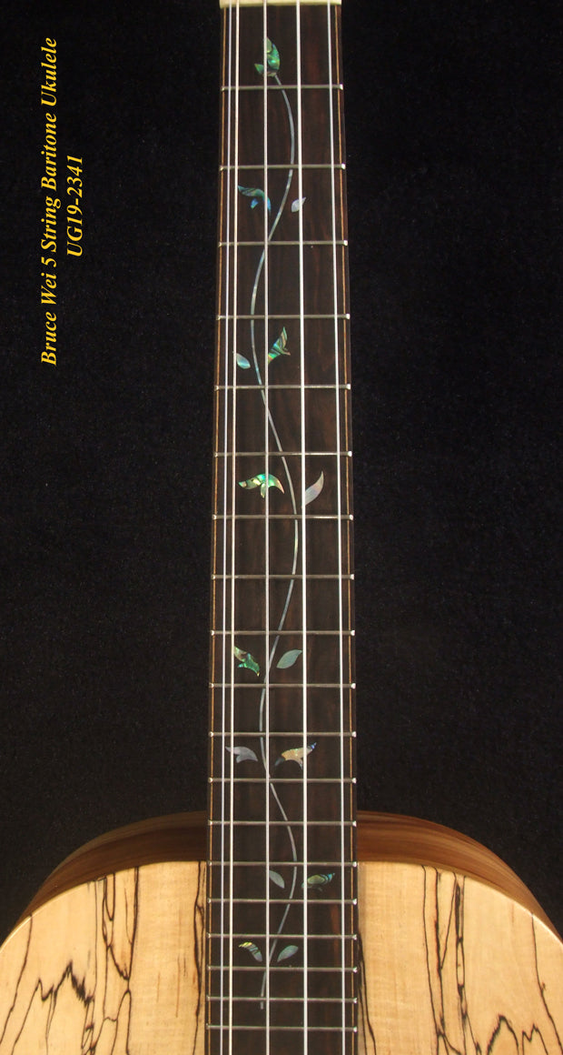 Handcrafted 5 String Baritone Ukulele, Spalted Maple, Taiwania, Vine Inlay, The Islands Soundhole, Soft-bag, Bruce Wei UG19-2341