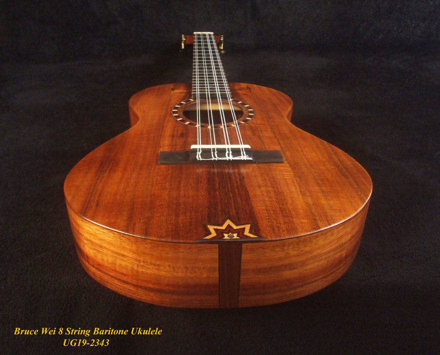 Handmade 8 String Baritone Ukulele, Solid Curly Hawaiian Koa, Slotted Head, MOP Inlay, Soft-bag, Bruce Wei UG19-2343