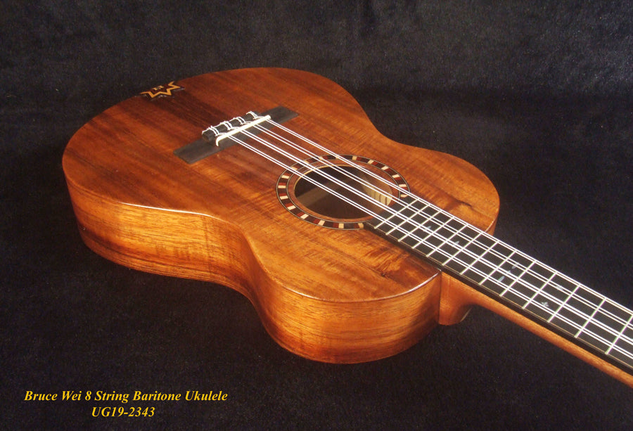 Handmade 8 String Baritone Ukulele, Solid Curly Hawaiian Koa, Slotted Head, MOP Inlay, Soft-bag, Bruce Wei UG19-2343