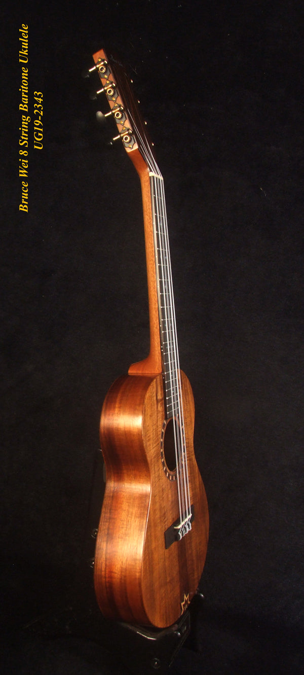 Handmade 8 String Baritone Ukulele, Solid Curly Hawaiian Koa, Slotted Head, MOP Inlay, Soft-bag, Bruce Wei UG19-2343