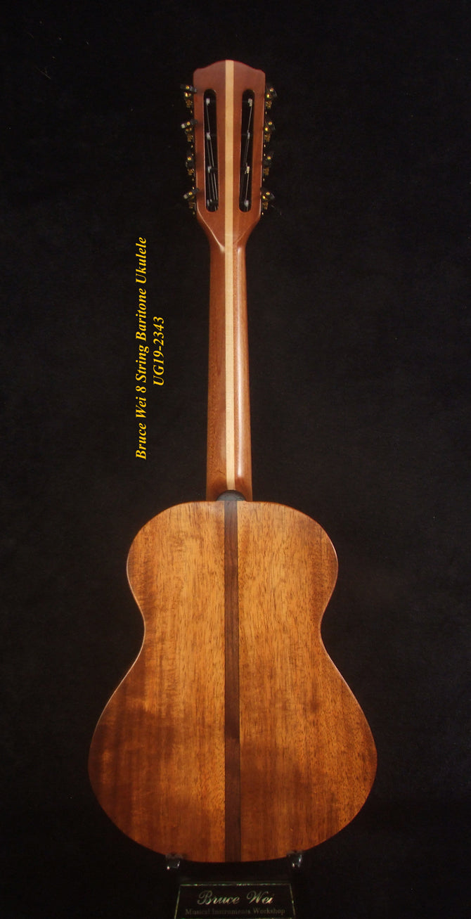 Handmade 8 String Baritone Ukulele, Solid Curly Hawaiian Koa, Slotted Head, MOP Inlay, Soft-bag, Bruce Wei UG19-2343