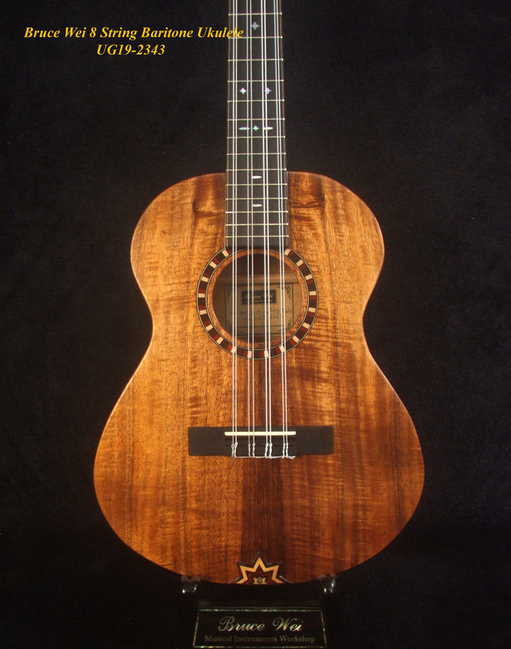 Handmade 8 String Baritone Ukulele, Solid Curly Hawaiian Koa, Slotted Head, MOP Inlay, Soft-bag, Bruce Wei UG19-2343