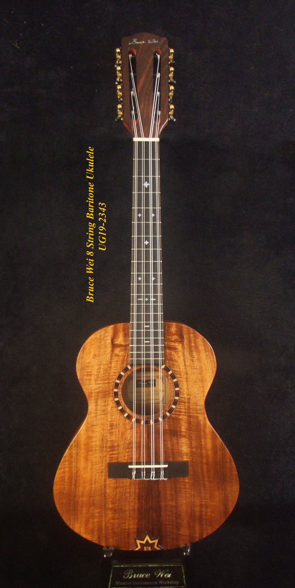 Handmade 8 String Baritone Ukulele, Solid Curly Hawaiian Koa, Slotted Head, MOP Inlay, Soft-bag, Bruce Wei UG19-2343