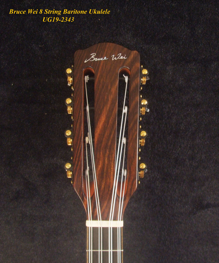 Handmade 8 String Baritone Ukulele, Solid Curly Hawaiian Koa, Slotted Head, MOP Inlay, Soft-bag, Bruce Wei UG19-2343