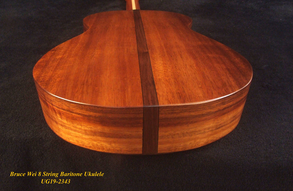 Handmade 8 String Baritone Ukulele, Solid Curly Hawaiian Koa, Slotted Head, MOP Inlay, Soft-bag, Bruce Wei UG19-2343