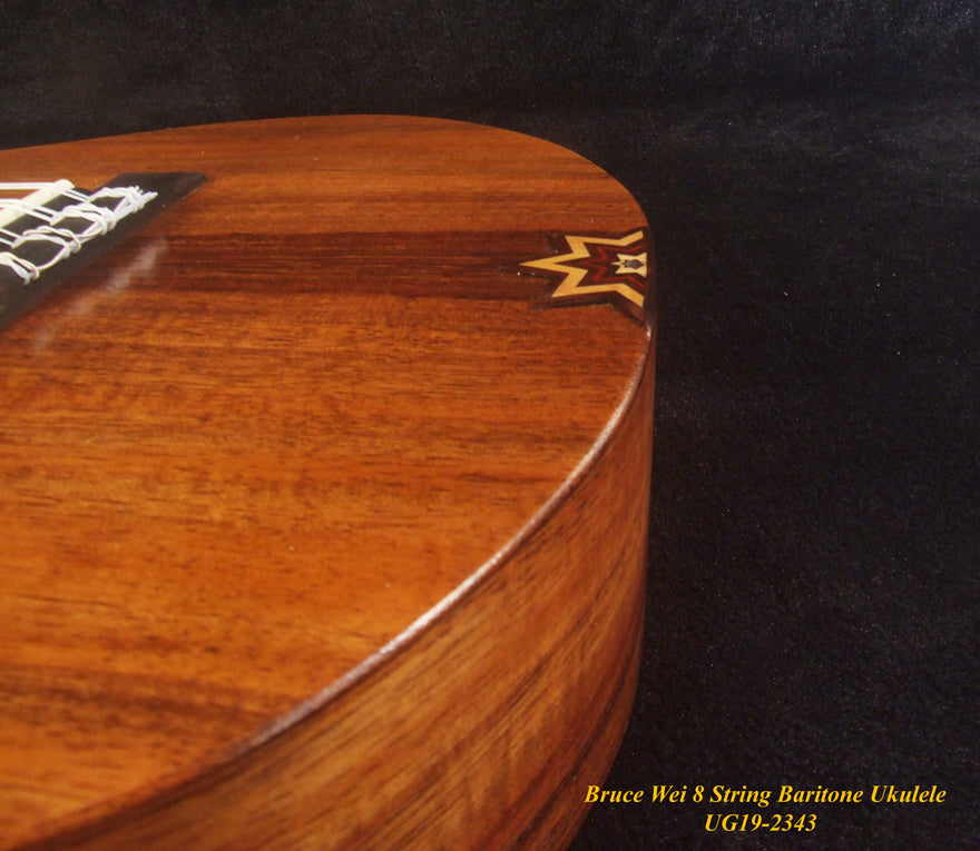 Handmade 8 String Baritone Ukulele, Solid Curly Hawaiian Koa, Slotted Head, MOP Inlay, Soft-bag, Bruce Wei UG19-2343