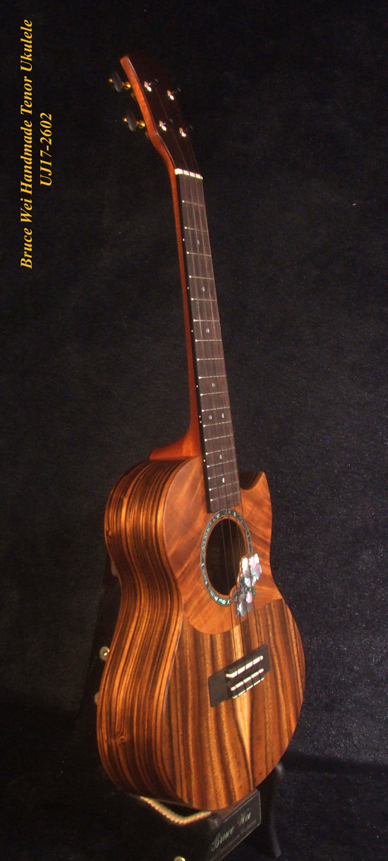 Handcrafted Tenor Ukulele, Solid Hawaiian Koa & Acacia, Hibiscus Soundhole, Worth String, Soft-bag, Bruce Wei UJ17-2602