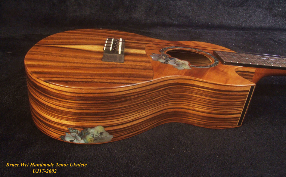 Handcrafted Tenor Ukulele, Solid Hawaiian Koa & Acacia, Hibiscus Soundhole, Worth String, Soft-bag, Bruce Wei UJ17-2602