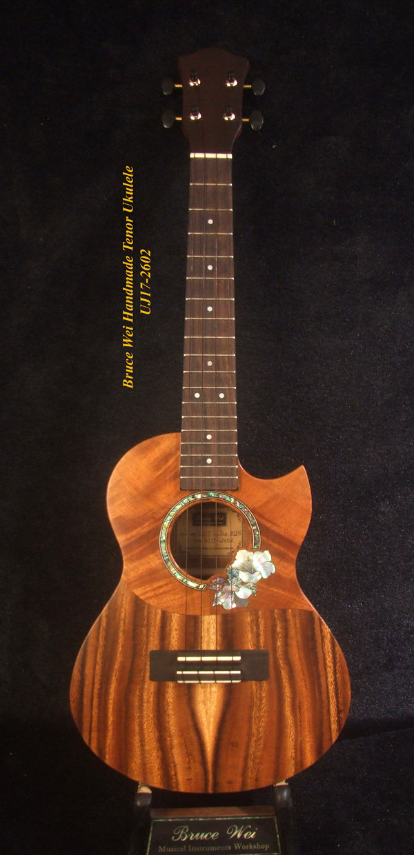 Handcrafted Tenor Ukulele, Solid Hawaiian Koa & Acacia, Hibiscus Soundhole, Worth String, Soft-bag, Bruce Wei UJ17-2602