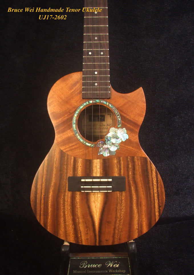Handcrafted Tenor Ukulele, Solid Hawaiian Koa & Acacia, Hibiscus Soundhole, Worth String, Soft-bag, Bruce Wei UJ17-2602