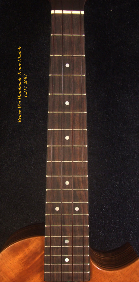 Handcrafted Tenor Ukulele, Solid Hawaiian Koa & Acacia, Hibiscus Soundhole, Worth String, Soft-bag, Bruce Wei UJ17-2602