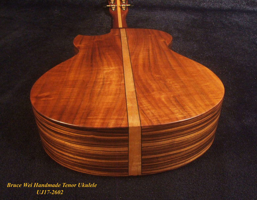 Handcrafted Tenor Ukulele, Solid Hawaiian Koa & Acacia, Hibiscus Soundhole, Worth String, Soft-bag, Bruce Wei UJ17-2602