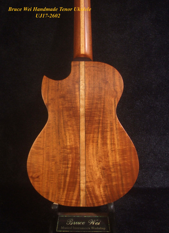 Handcrafted Tenor Ukulele, Solid Hawaiian Koa & Acacia, Hibiscus Soundhole, Worth String, Soft-bag, Bruce Wei UJ17-2602