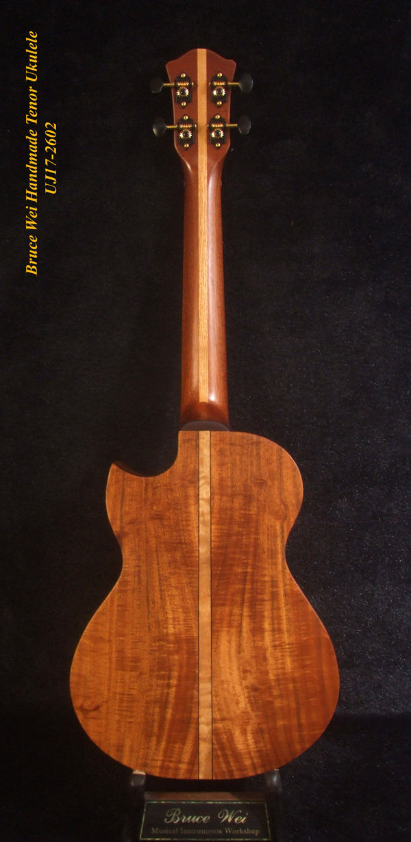 Handcrafted Tenor Ukulele, Solid Hawaiian Koa & Acacia, Hibiscus Soundhole, Worth String, Soft-bag, Bruce Wei UJ17-2602