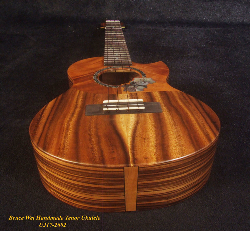 Handcrafted Tenor Ukulele, Solid Hawaiian Koa & Acacia, Hibiscus Soundhole, Worth String, Soft-bag, Bruce Wei UJ17-2602