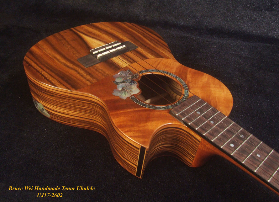 Handcrafted Tenor Ukulele, Solid Hawaiian Koa & Acacia, Hibiscus Soundhole, Worth String, Soft-bag, Bruce Wei UJ17-2602