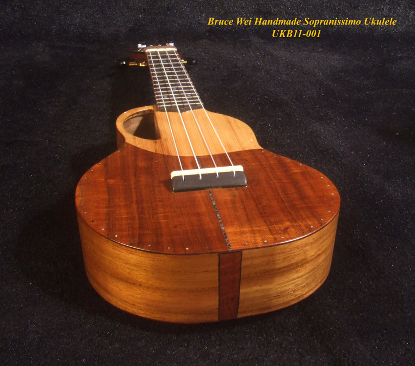 Handmade Pineapple Sopranissimo/ Pocket Ukulele, Solid Spruce, Curly Hawaiian Koa, Acacia, MOP Inlay, Soft-bag, Bruce Wei UKB11-001