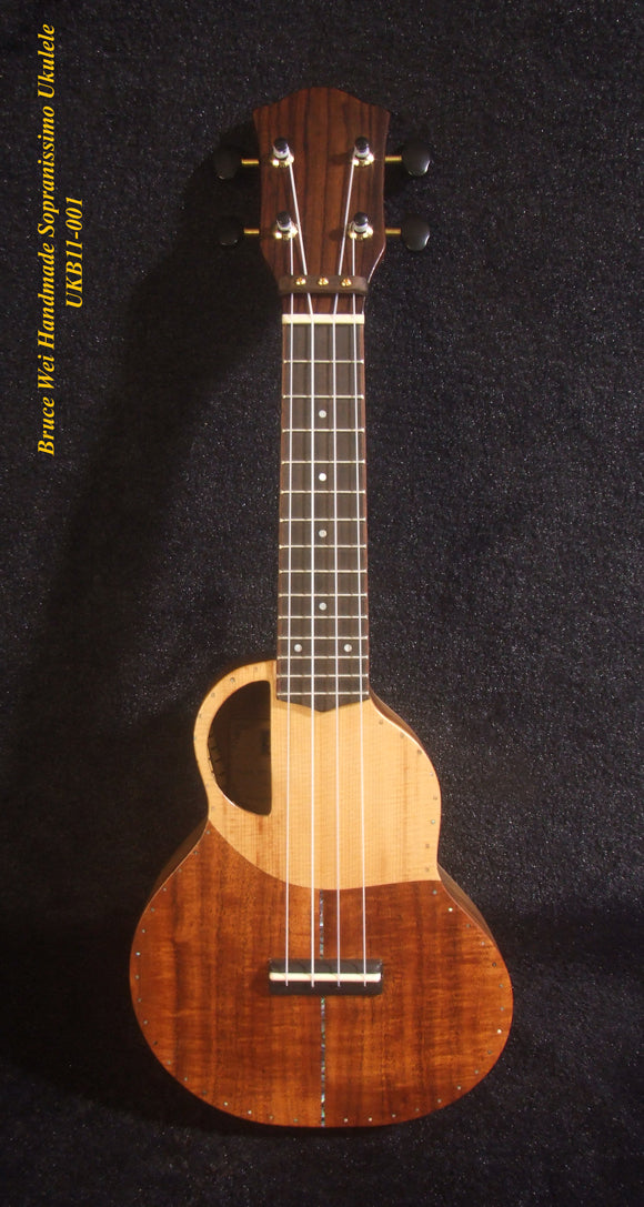 Handmade Pineapple Sopranissimo/ Pocket Ukulele, Solid Spruce, Curly Hawaiian Koa, Acacia, MOP Inlay, Soft-bag, Bruce Wei UKB11-001