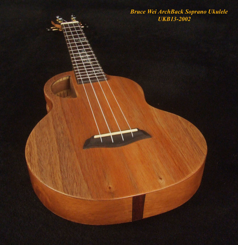 Handcrafted Soprano Ukulele, Solid Taiwania Archback, Turtle Inlay, Soft-bag, Bruce Wei UKB13-2002