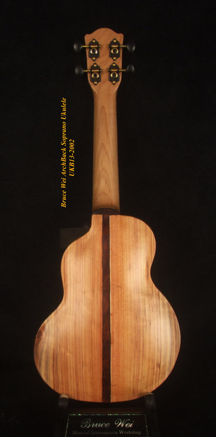 Handcrafted Soprano Ukulele, Solid Taiwania Archback, Turtle Inlay, Soft-bag, Bruce Wei UKB13-2002