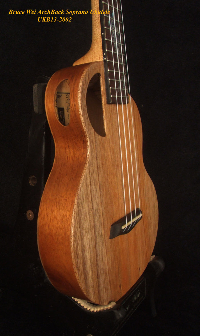 Handcrafted Soprano Ukulele, Solid Taiwania Archback, Turtle Inlay, Soft-bag, Bruce Wei UKB13-2002