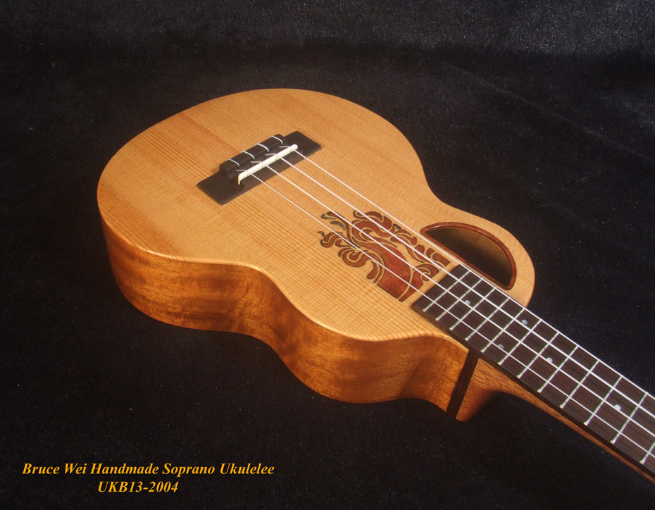 Handcrafted Soprano Ukulele, Solid Spruce, Acacia, MOP Inlay, Soft-bag, Bruce Wei UKB13-2004