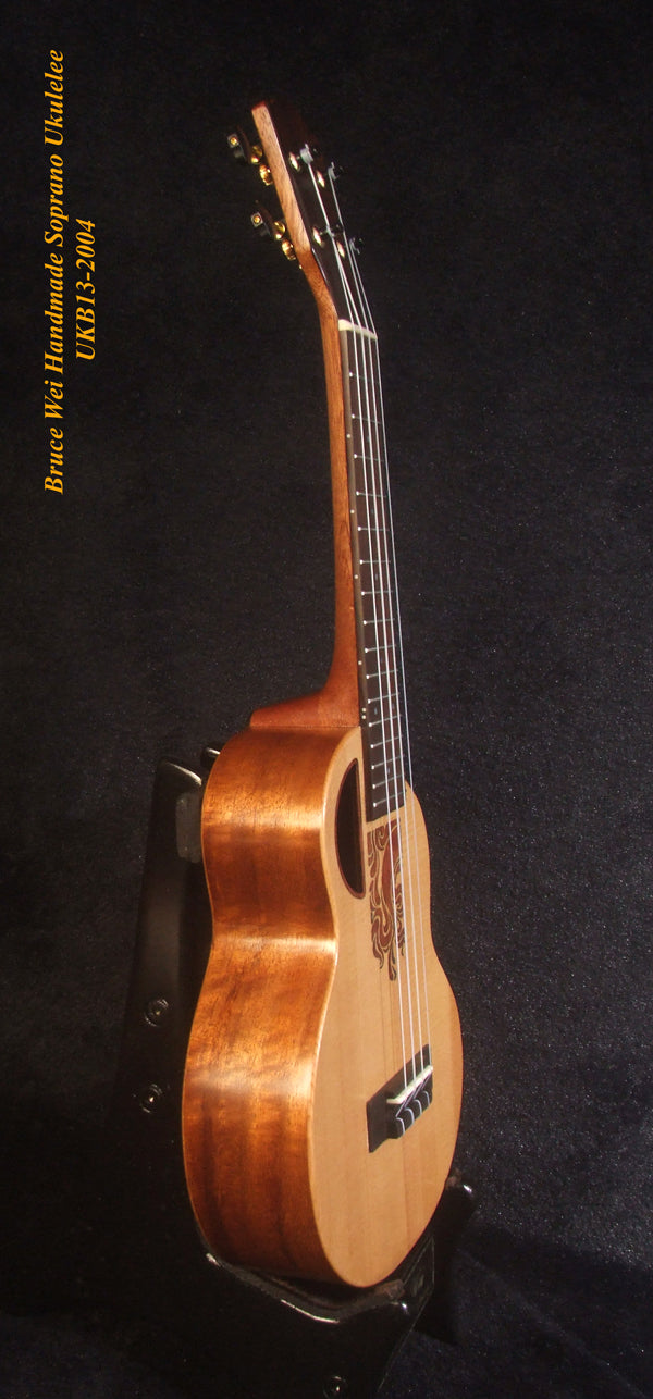 Handcrafted Soprano Ukulele, Solid Spruce, Acacia, MOP Inlay, Soft-bag, Bruce Wei UKB13-2004