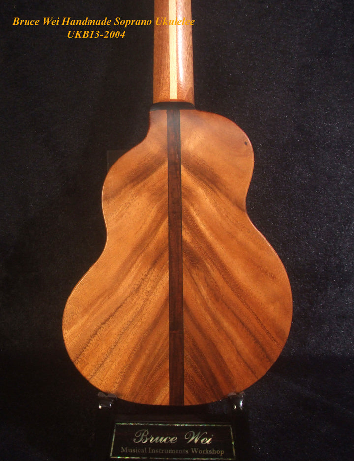 Handcrafted Soprano Ukulele, Solid Spruce, Acacia, MOP Inlay, Soft-bag, Bruce Wei UKB13-2004