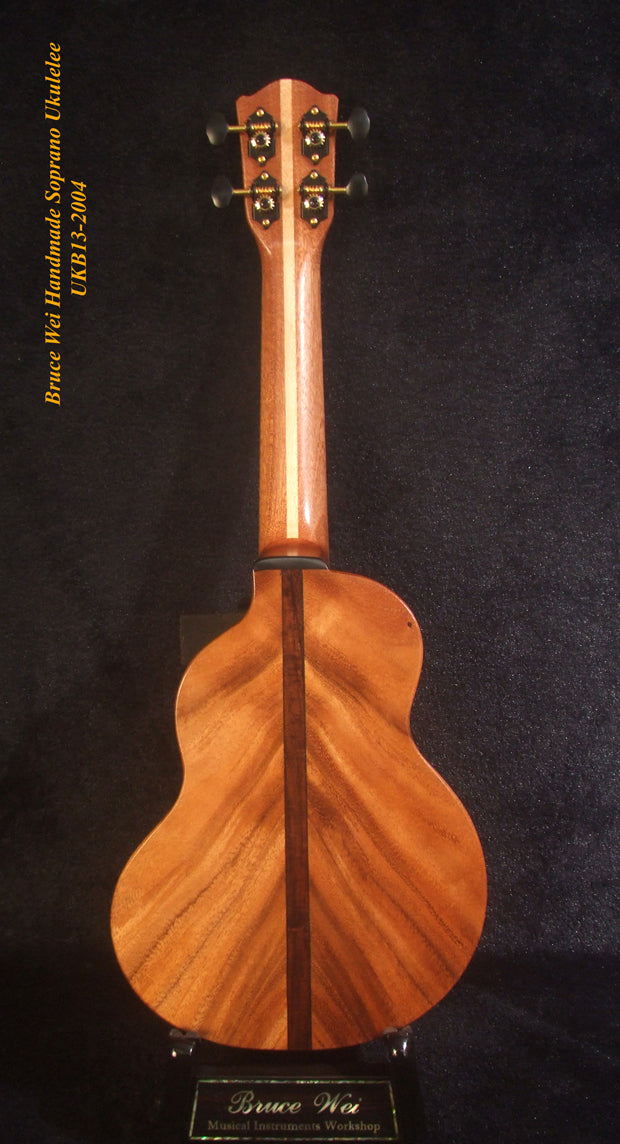 Handcrafted Soprano Ukulele, Solid Spruce, Acacia, MOP Inlay, Soft-bag, Bruce Wei UKB13-2004