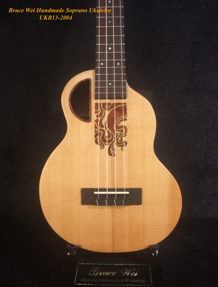 Handcrafted Soprano Ukulele, Solid Spruce, Acacia, MOP Inlay, Soft-bag, Bruce Wei UKB13-2004