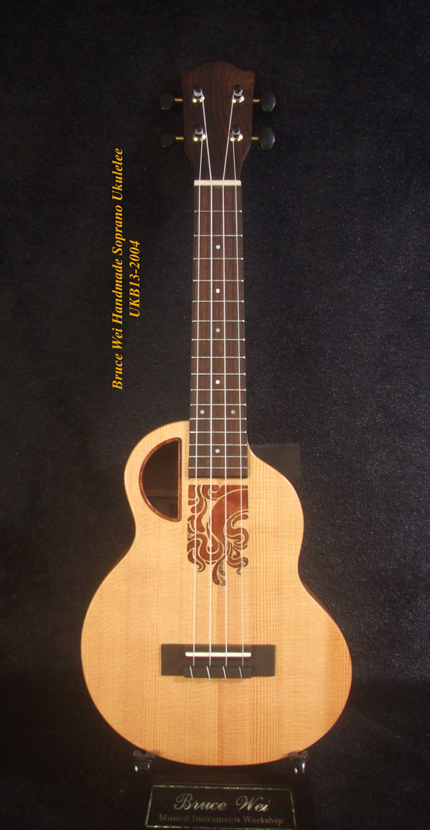 Handcrafted Soprano Ukulele, Solid Spruce, Acacia, MOP Inlay, Soft-bag, Bruce Wei UKB13-2004