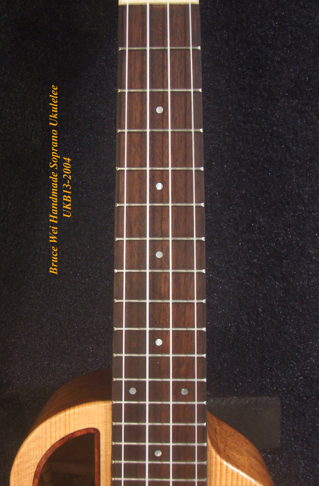 Handcrafted Soprano Ukulele, Solid Spruce, Acacia, MOP Inlay, Soft-bag, Bruce Wei UKB13-2004