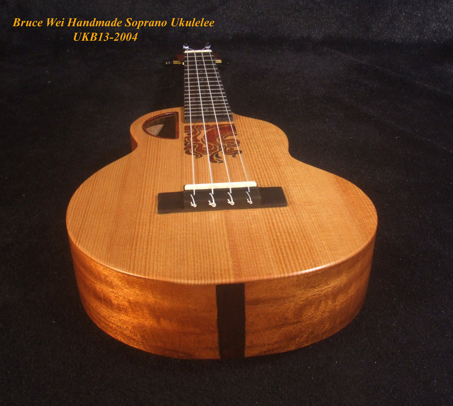 Handcrafted Soprano Ukulele, Solid Spruce, Acacia, MOP Inlay, Soft-bag, Bruce Wei UKB13-2004
