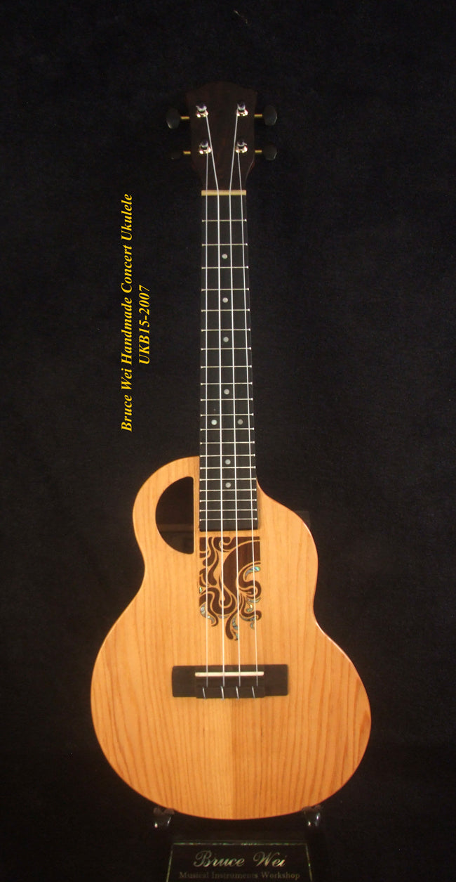 Handmade Concert Ukulele, Solid Taiwania, Mahogany, Abalone Inlay, Soft-bag, Bruce Wei UKB15-2007