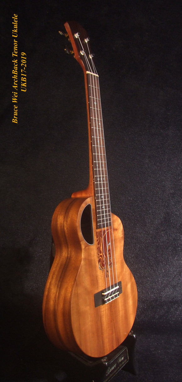 Handmade Tenor Ukulele, Solid Hawaiian Koa, Rosewood, Abalone & MOP Inlay, Soft-bag, Bruce Wei UKB17-2019